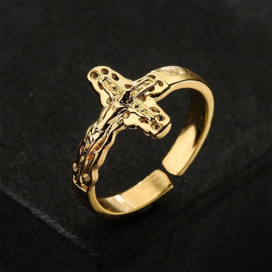 Minimalist Golden Cross & Jesus Open Ring, Niche Vintage Design, Women's Luxury Versatile Band - 金色 - 查看 1