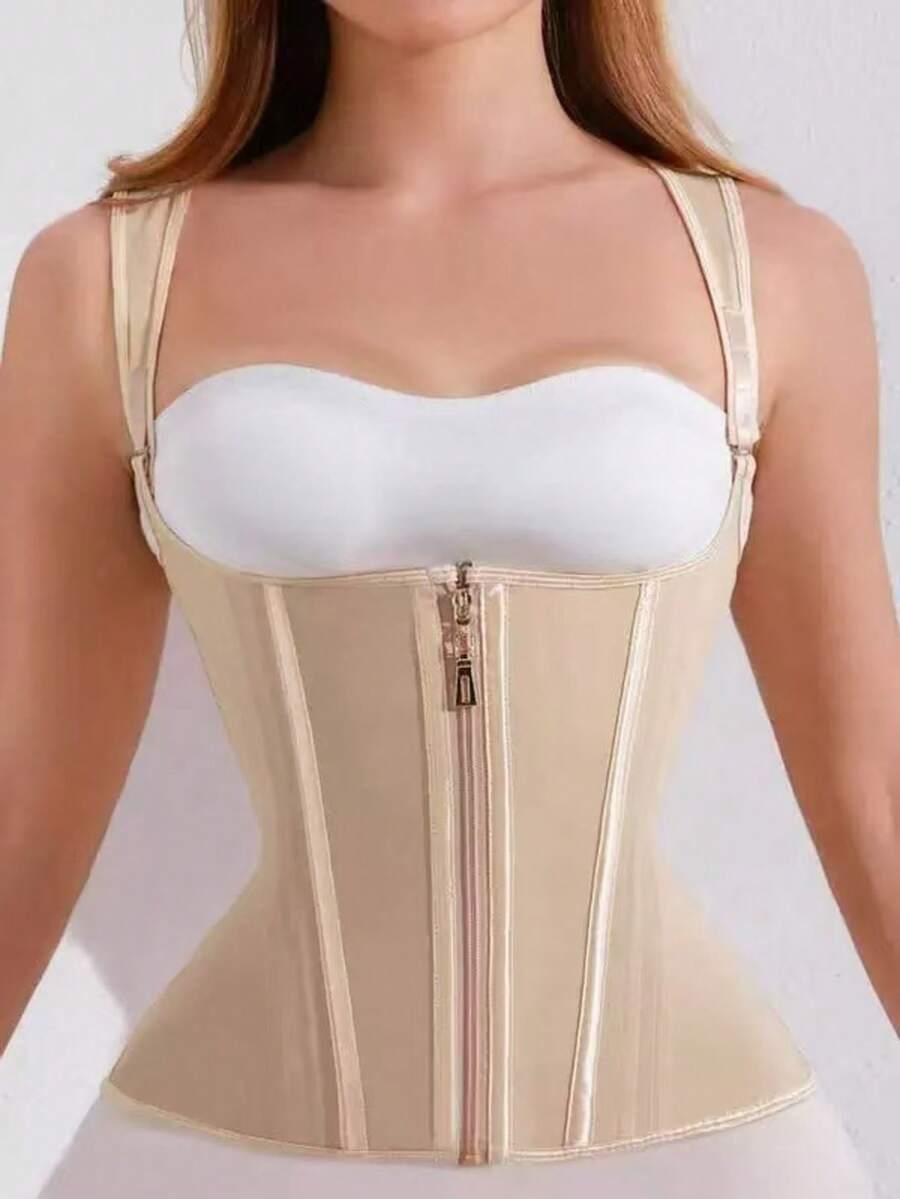 Corset modelator pentru femei | Bretele reglabile pentru umeri și suport cu țesătură osoasă | Lenjerie modelatoare cu compresie dublă, închidere cu fermoar | Material latex neted, negru, la modă | Vestă modelatoare pentru abdomen, îmbunătățește silueta și talia, articol vestimentar modelator | Etanșare sigură cu fermoar | Lenjerie modelatoare abdominală