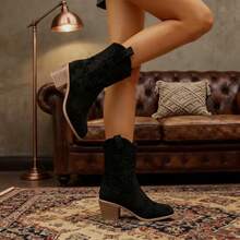 Women's Pointed Toe Mid-Calf Boots, Embroidered Suede Thick Heel Boots Pull-On Embroidered Brown Western Style Boots, Round Toe Mid-Calf Casual Riding Boots, Fashionable And Versatile Short-Barrel Cowboy Boots, New Autumn And Winter Styles - 黑色 - 查看 2