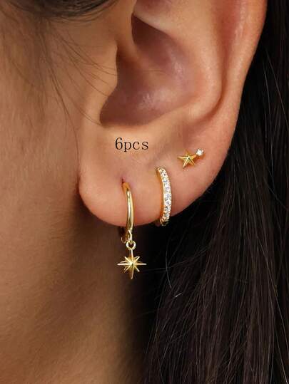 6PCS Dual Ear Star Shaped Earring Set With Cubic Zirconia Copper Material, Suitable For Daily Gift Giving, Attending Banquets And Parties, Wearing Jewelry Earrings