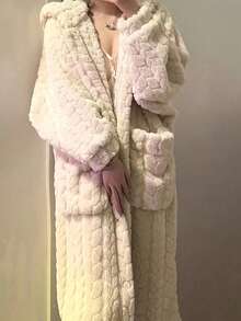 女士舒适珊瑚绒连帽睡袍 - 保暖柔软的家居服，带口袋，可机洗 - 秋冬季浴室装饰的理想之选 - 彩色 - 查看 4