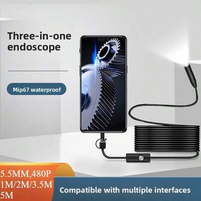מצלמת בורוסקופ חדשה משנת 2025 אחת בקוטר 5.5 מ"מ, אורך כבל של 1/2/3.5/5 מטר, 3 ב-1 לסמארטפון אנדרואיד, עיצוב כלי מקצועי, צבע שחור אחיד, מתאים לתא מנוע רכב, סדקים בצנרת, פנים מיזוג אוויר, תחזוקה תעשייתית, שירותי רכב, בדק בית