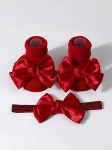 新款婴儿发饰和袜子套装 - 1个婴儿蝴蝶结公主发带 + 防滑婴儿爬行袜 - 酒紅色 - 查看 5