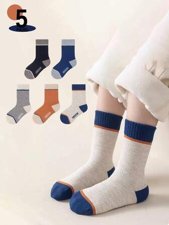 5pairs Color-Blocked, Breathable, Sweat-Free, And Soft Mid-Calf Socks For Girls, Suitable For Home, School, Outdoor Everyday Wear, And All Seasons.