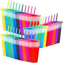 30 Piezas Vasos Mágicos con Purpurina de 710 ml que Cambian de Color al Contacto con Frío, con Tapa y Popote Reutilizable, Vasos de Plástico de Grado Alimenticio, Ideales para Fiestas, Hogar, Oficina y Eventos – Diseño Antideslizante, Duradero y Fácil de Limpiar - Purpurina de varios colores - Ver 10