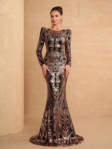 YISIKADO Women Sequin Pattern Modest Formal Evening Dress Round Neck Bubble Sleeves Fishtail Prom Party Dress For Wedding Guest Birthday Banquet Graduation Dinner Ball Ceremony Host Celebration Ceremonial Dress - 彩色 - 查看 4
