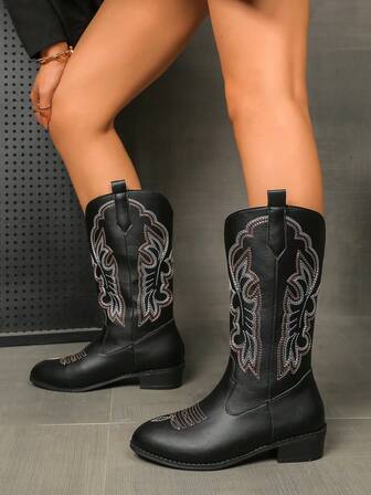 Women's New Western Style Cowgirl Boots, Outdoor Fashion Casual Plus Size V-Cut Embroidered Retro Boots