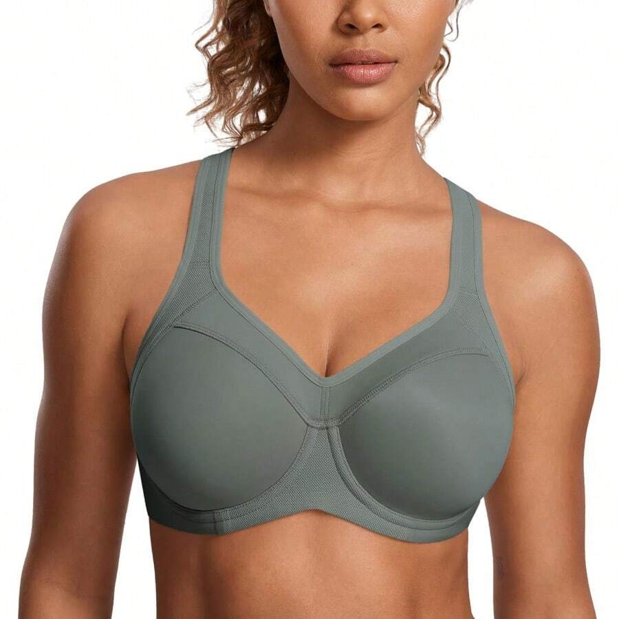 SYROKAN Women's Full Support High Impact Racerback Lightly Lined Underwire Sports Bra - Grey Sage - View 1