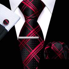 4pcs Men's Business Tie Dark Grey Black Plaid Checks Geometric Floral Jacquard Ties Formal Fashion Necktie Hanky Square Clip Set Wedding Party Gift - Multicolor - View 9