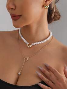 4-Piece Set Of Fashionable And Simple Baroque Faux Pearl Metal Heart Necklace With Adjustable Fine Chain Necklace, Women's Fashionable Jewelry, Suitable For Banquets Parties Daily Dates Commuting Wear