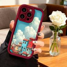 Funda para telefono con borde negro diseño de casas coloridas y nubes cielo azul ideal para uso diario y viajes - Blanco - Ver 4