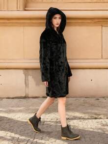 Women's Winter Coats Elegant Women's Black Faux Fur Long Sleeve Midi Coat Featuring A Hood, And Pockets Suitable For Christmas, New Year - Black - View 3