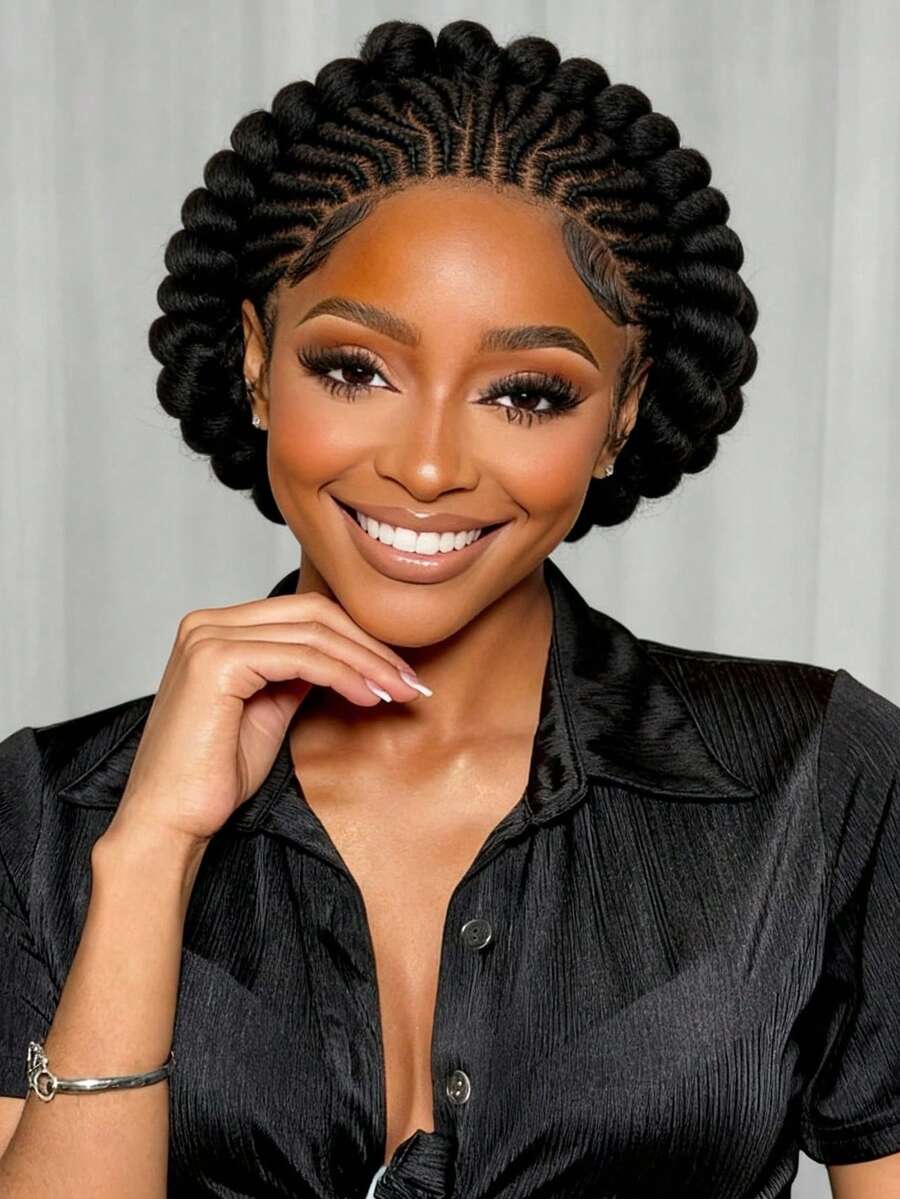 Short Handmade Crochet Lace Wig, Cute Synthetic Braided Lace Wig With Baby Hair, Seamless Crochet Wig - Black - View 1
