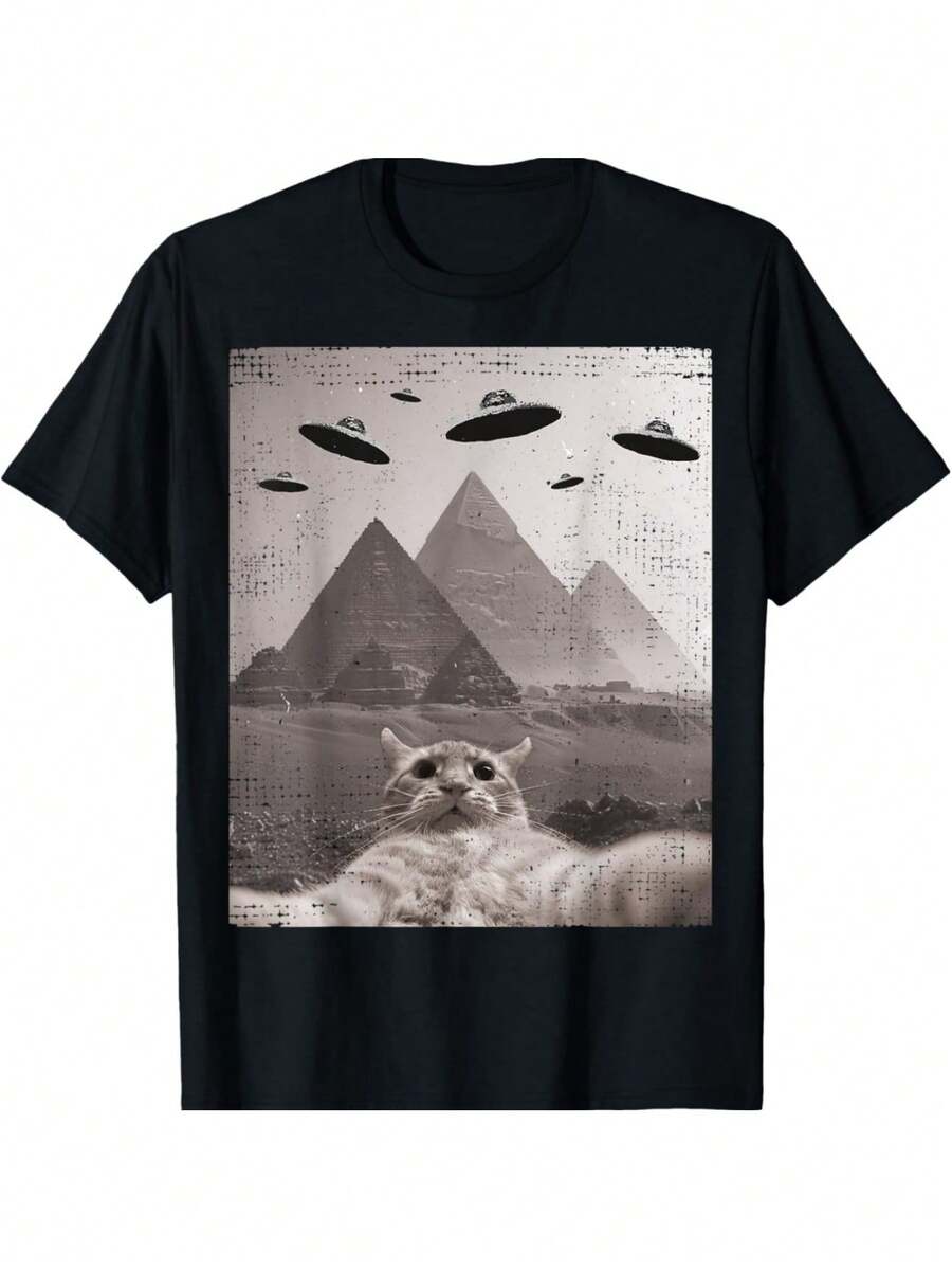 Cat UFO Meme Funny Cat Selfie With UFOs T-Shirt - màu đen - Xem 1