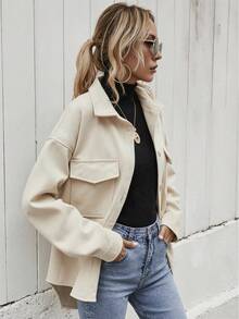 Chaqueta Mujer con Solapa, Chamarra Informal Cálida para Invierno, Un Solo Botonadura - Albaricoque - Ver 6