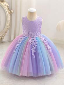 Vestido de princesa estilo europeo y americano para niñas, vestido de tul violeta con parches de encaje y flecos, vestido de princesa colorido y dulce con lazo ajustable en la espalda, para uso diario, ballet, fiesta de cumpleaños, vacaciones, celebración escolar, vestido de tul esponjoso y novedoso - Púrpura malva - Ver 2