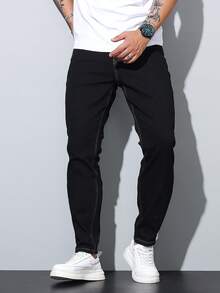 1pc Men's Stretchy Jeans, Korean Fashion Slim Fit Casual Pants - Black - View 7