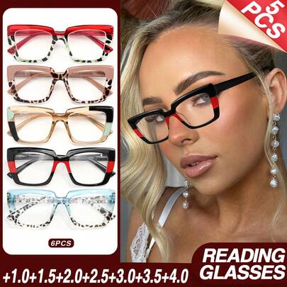 5pcs Fashion Large Frame Reading Glasses Set, Stylish Ombre Color Design, Comfortable Spring Temples, Unique Colors, Suitable For Women's Daily Matching