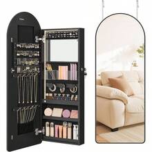Wide Jewelry Organizer, Jewelry Cabinet Wall/Door Mounted, Arched Mirror With Storage, Lockable, Rounded Corner, Interior Mirror, 3.9x 16.5x 42.5 Inches, Cloud White UJJC020W01 - 墨黑色 - 查看 1