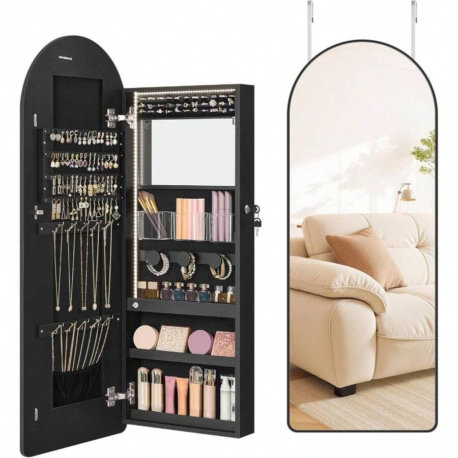 Wide Jewelry Organizer, Jewelry Cabinet Wall/Door Mounted, Arched Mirror With Storage, Lockable, Rounded Corner, Interior Mirror, 3.9x 16.5x 42.5 Inches, Cloud White UJJC020W01 - 墨黑色 - 查看 1