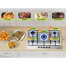 IsEasy Domino Gas Hob With 5 Burners, Stainless Steel, Built-In Appliance, 76 Cm, 10500 W, 5 Cooking Zones (2700 W + 1750 W + 3300 W + 1750 W + 1000 W), Suitable For Propane And Natural Gas. - EU C Type Plug(220-240V) - View 5