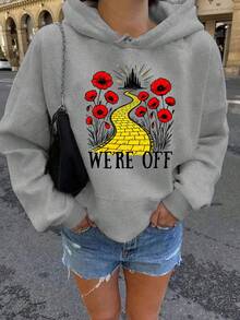 Women'S Wizard Of Oz Dorothy Hoodie - Iconic Yellow Brick Road & Ruby Slippers Design With Poppy Field Poppies, Long Sleeve Pullover Sweatshirt With Pocket, Machine Washable Cozy Fall Winter Casual Wear & Themed Party Outfit (We're Off Lettering) -Women's Festive Soft Cotton Women's Hooded Sweatshirt - 灰色 - 查看 6