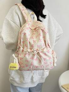 Mochila dobrável branca de nylon, estilo universitário casual, com estampa de laço, cordão, vários bolsos, grande capacidade e pingente de desenho animado. Ideal para estudantes, formandos, aulas, treinos, deslocamentos, passeios, compras, viagens, organização de pertences e como presente de formatura. - Branco - Ver 5