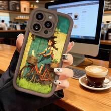Cubierta de teléfono con borde negro diseño de niña en bicicleta con gato y puerta verde para uso diario y viajes - Café integral - Ver 2