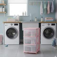 Cajonera de almacenamiento, ideal para dormitorio, oficina, cocina, baño, lavandería, Organizador con 3 cajones transparentes, cajonera de color rosa - Rosa Pálido - Ver 4