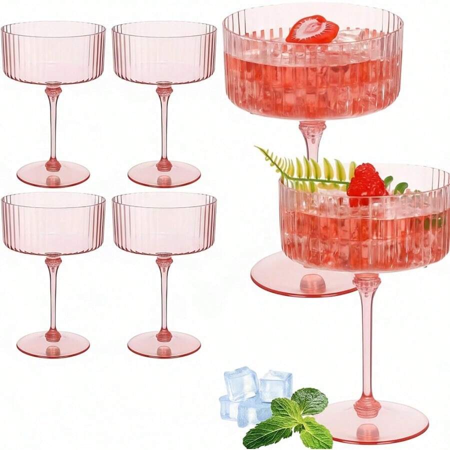 6 piezas Vasos de Martini acanalados de 10 Oz Vasos de plástico desechables acanalados tipo Coupe Vintage Vasos de cóctel irrompibles Parfait Cristalería para Boda Fiesta de Cumpleaños Color Rosa - Rosa - Ver 1