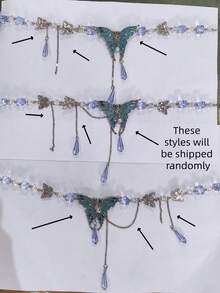 1入時尚朋克復古藍色蝴蝶珍珠吊墜流蘇琺瑯項鍊女士配戴，日常穿著