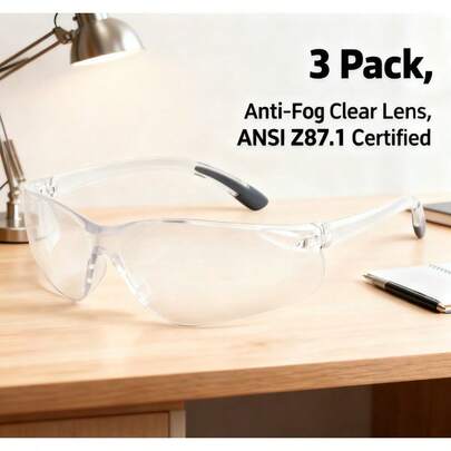 3 Pack Anti-Fog Safety Glasses - Clear Lens, 99% UV Blocking, ANSI Z87.1 Certified