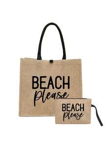 大容量亚麻手提袋，印有“沙滩”图案，搭配一个小亚麻收纳袋，便携大容量购物袋，亚麻手柄手提袋，多功能收纳袋，个性化礼品袋，适合旅行、购物、度假、返校、聚会等场合，是母亲节、生日、教师节、周年纪念日、节日、派对的理想礼物 - 彩色 - 查看 12