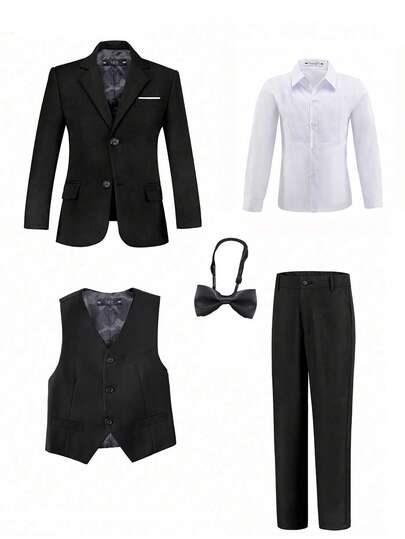 5pcs Boys Suit Set, Toddler Tuxedo Formal Wear, Ring Bearer Outfit, Wedding Suit Jacket, Vest, Pants, Shirt, Tie, Children Formal Suit, Black, Size 6-16 Years
