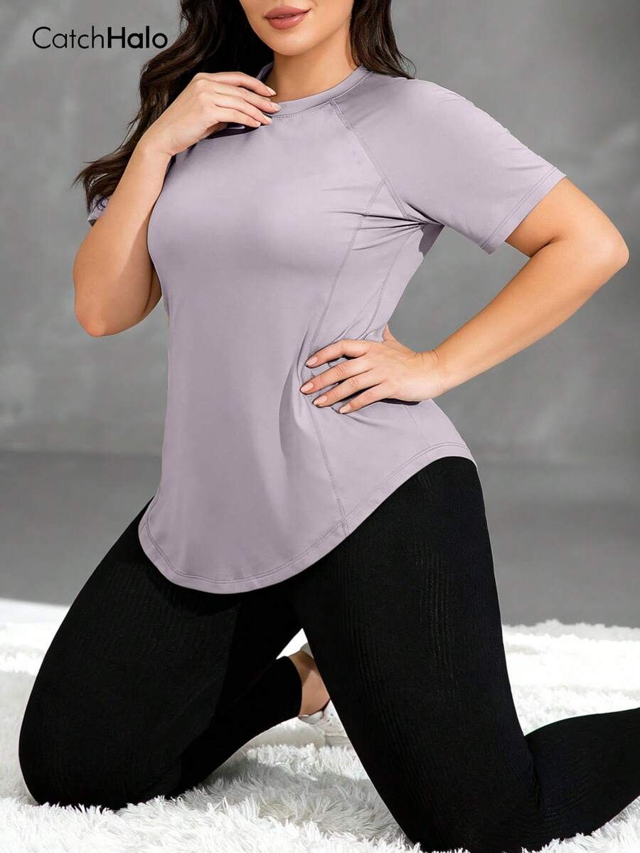 Plus Size Stretchy Workout Top - Round Neck Short Sleeve, Curved Hemline, Skin-Friendly Fabric, Super Elastic, Non-Restrictive, Quick-Dry Shaping, Suitable For Gym, Yoga, Casual Wear, All Seasons, Women's Fitted Sports Top