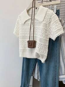 Women's New Arrival Fashionable Casual Daily Commute Solid Color Knit, Collared Half-Placket With Button Details Openwork Design Fitted Silhouette Short Sleeves Versatile Pullover Style Top, Spring Summer - Beige - View 4