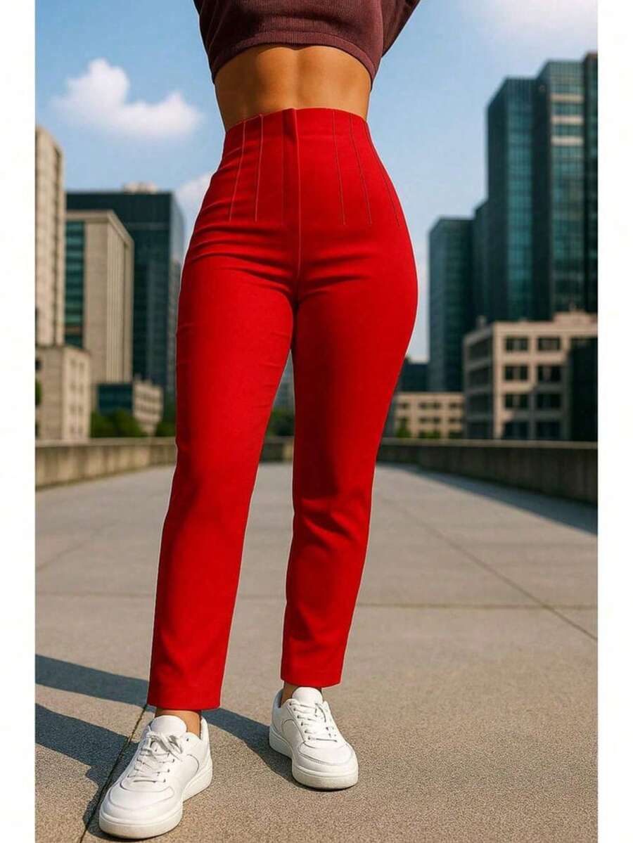 Pantalón de vestir con pinzas en cintura - Rojo - Ver 1