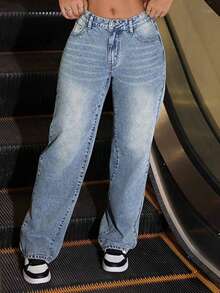 Jeans versátiles de unicolor casual para adolescentes y niñas - Azul - Ver 4