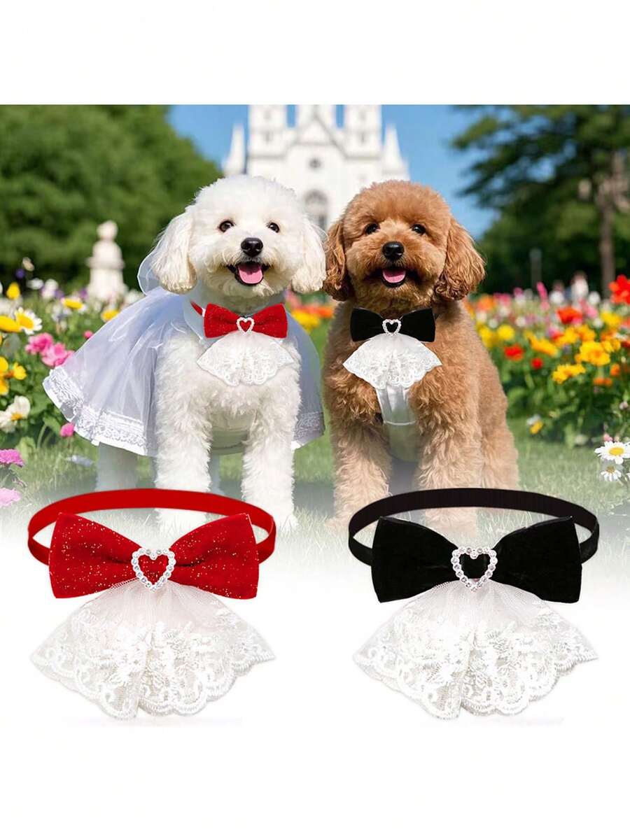 1 buc. accesoriu reglabil pentru animale de companie, similar cu papionul, potrivit pentru nunți și Ziua Îndrăgostiților, design unic cu fundă în formă de inimă, se potrivește câinilor și pisicilor de talie mică