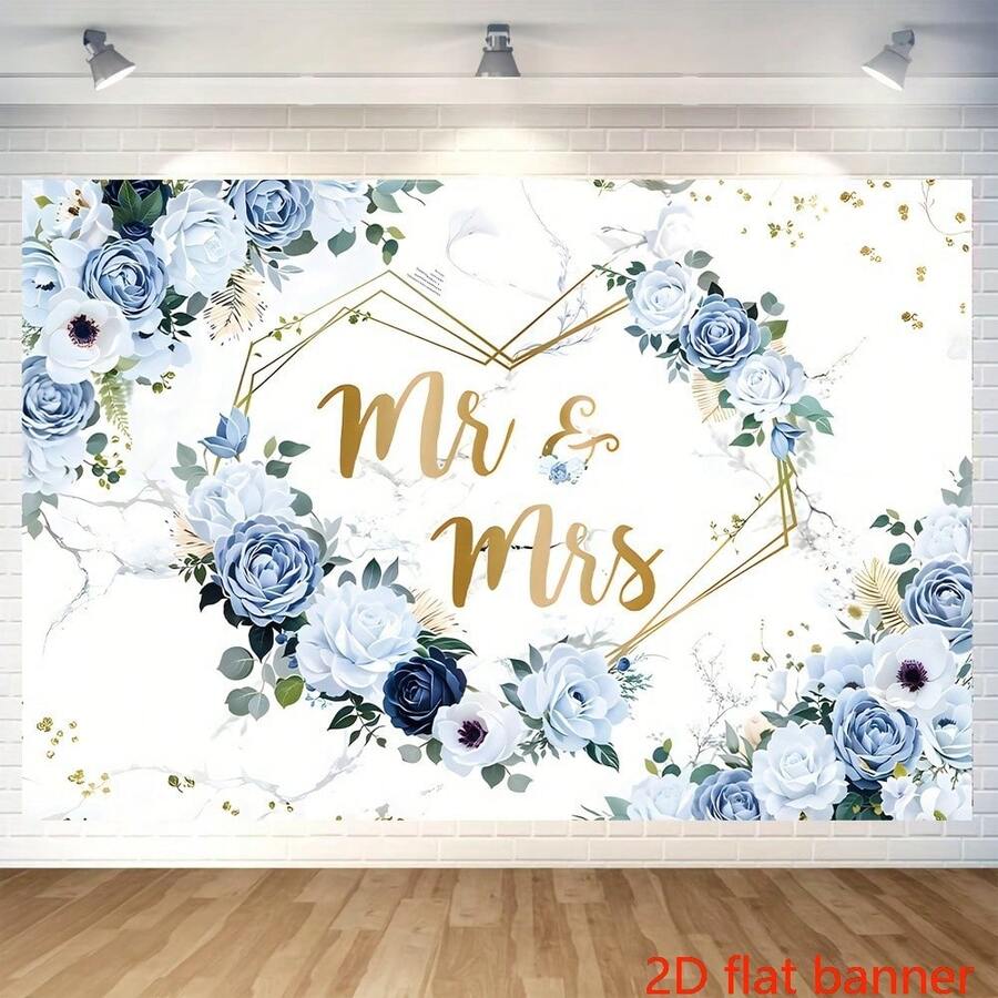 Banner phẳng 2D - Nền ren hoa hồng trắng xanh thanh lịch - Hoàn hảo cho đám cưới