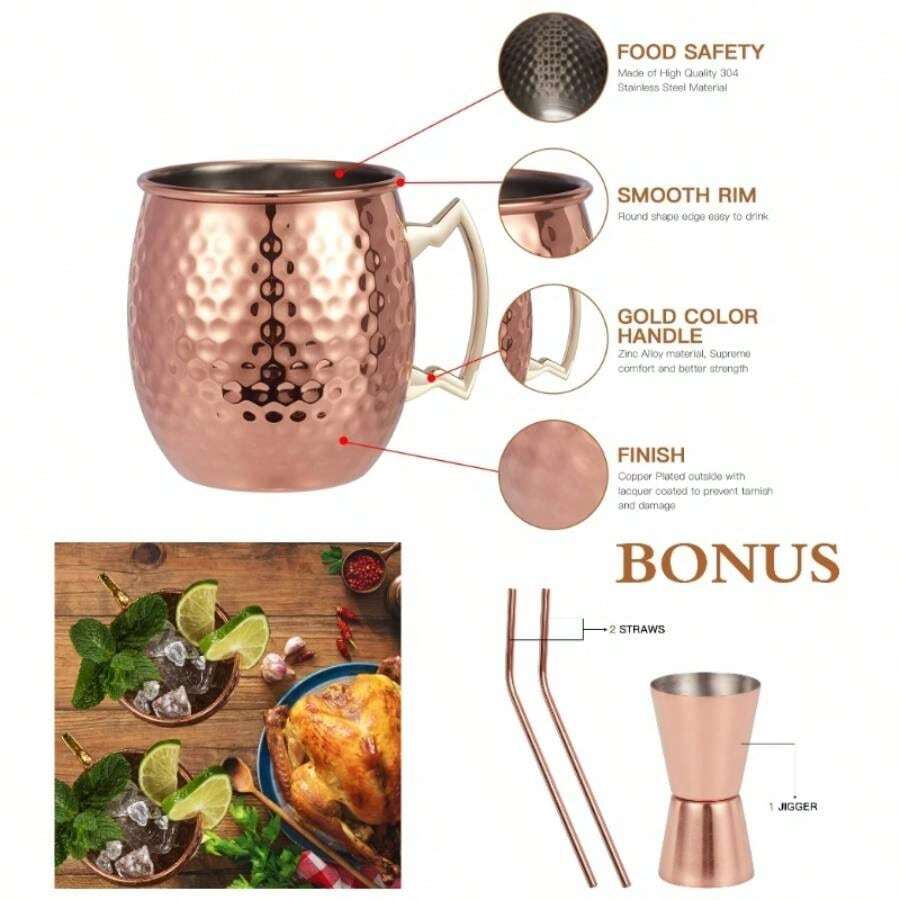 Moscow Mule Mugs Set of 2 - Hammered Moscow Mule Mugs Drinking cup with 2 Straws - 1 Jigger - Great Dining Entertaining bar Set Mug Set of 2 double jigger included - Cobre - Ver 1