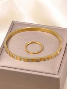 2pcs/Set 18K Gold Plated 316L Stainless Steel Four-Leaf Clover Bracelet And Ring Jewelry Set, Suitable For Women's Daily Wear, Classic European And American Floral Design, Inlaid With Cubic Zirconia, Generous And Luxurious Casual Gold Jewelry, Wedding Jewelry Set, Gift For Girls, Women, Mothers, Relatives, Friends, Beautiful Wedding, Birthday, Mother's Day, Girlfriend, Valentine's Day - 金黃色 - 查看 4
