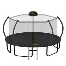 14FT Trampoline With Basketball Hoop For Kids And Adults, Round Outdoor Trampoline With Enclosure Net & Curved Poles & Ladder - Black + 14FT - View 9