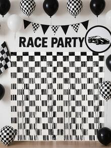1pc/2pcs Black & White Plaid Metal Wire Tassel Curtain, Racing Theme Birthday Party Backdrop Decor, Racing Motorcycle Car Theme Boy's Birthday Sports Party Decoration, Racing Theme Birthday Photo Backdrop, Racing Decor, Birthday Party Supplies, Stage Backdrop, Racing Theme Birthday Party Decoration, Racing Party Supplies - Racing Black and White Checkered - View 2