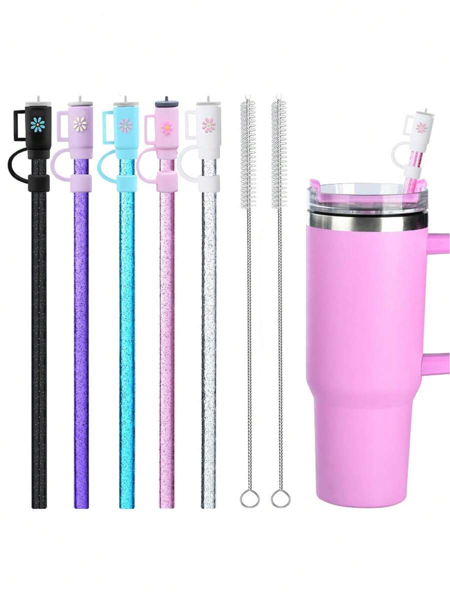 12支替換吸管、5個附刷子吸管蓋,適用於40oz、30oz、20oz、14oz保溫杯,適合旅行與冒險,可重複使用亮片吸管附刷子,透明粉、黑、紫、藍、橘,相容杯子配件 - 彩色 - 查看 1