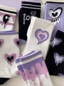 6 Pairs Women's Cartoon Printed Crew Socks, Attractive Street Style Versatile, American Vibe, Autumn/Winter - Multicolor - View 2