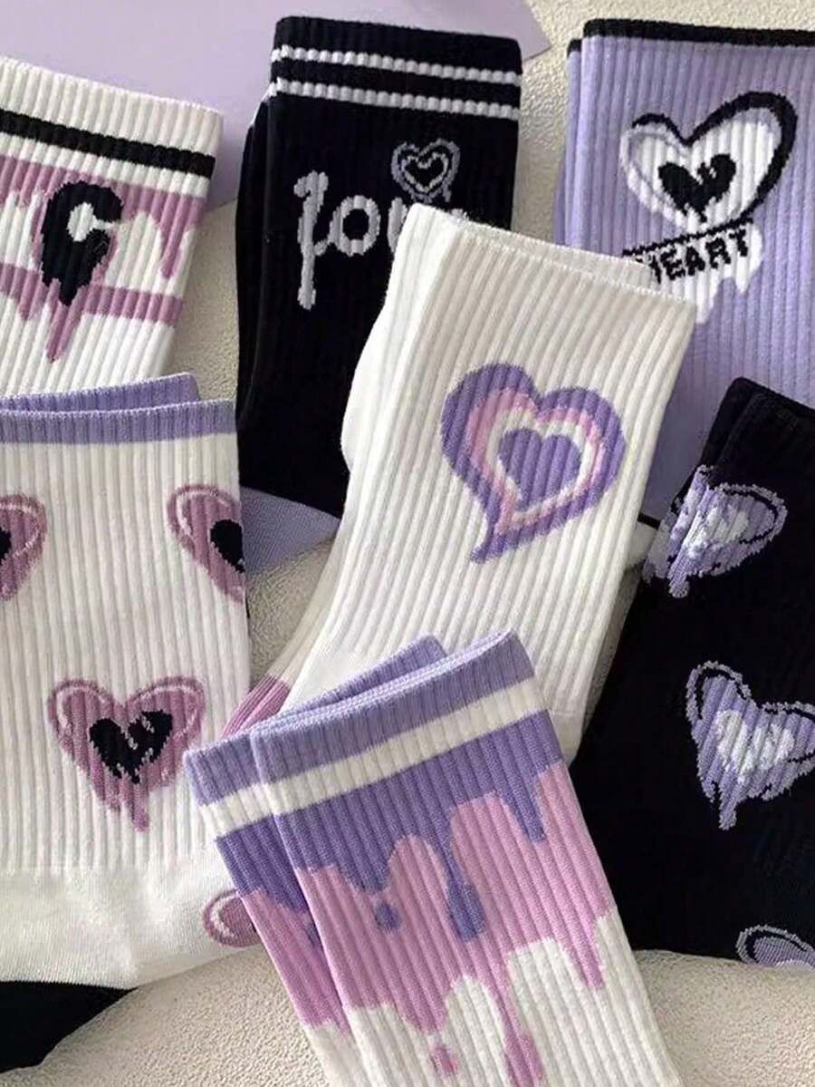 6 Pairs Women's Cartoon Printed Crew Socks, Attractive Street Style Versatile, American Vibe, Autumn/Winter