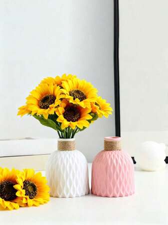 1 束仿真向日葵花束，配塑料水波纹花瓶，适用于婚礼、家庭聚会、派对装饰、餐桌中心装饰、客厅、卧室花瓶、鲜花装饰、情人节、送礼、生日毕业典礼、春季装饰