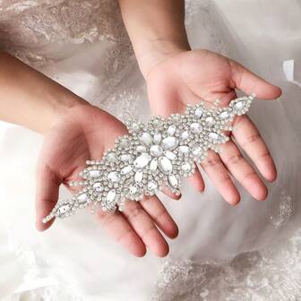 1片/2片/4片闪亮手工水晶水钻贴花，多色水晶玻璃钻石新娘腰带，热熔钻石贴纸，婚礼装饰，新娘配饰，DIY工艺用品/长：21厘米/宽：8厘米