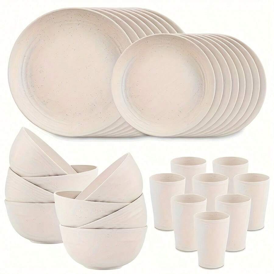 16pcs Kitchen Wheat Straw Large Size Dinnerware Set, Service For 8/4, Unbreakable Modern Dish Set-Dinner Plate/Dessert Plate/Cereal Bowl/Cup, Dishwasher And Microwave, Lightweight Tableware, Perfect Camping And Everyday Use, Gifts For Men Kitchen Accessories Christmas Gifts - 白色 - 查看 1